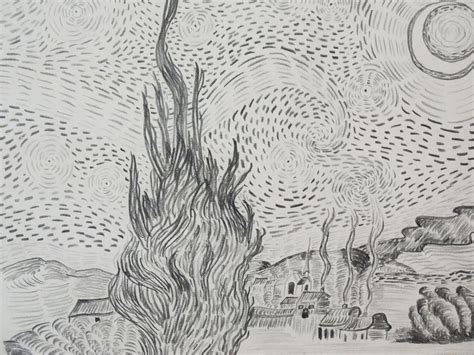 Starry Night Drawing, Pencil, Sketch, Colorful, Realistic Art Images ...