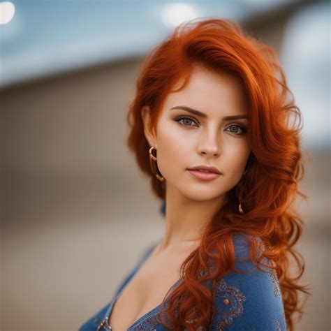 Premium AI Image | A woman with red hair and blue shirt looks at the camera.