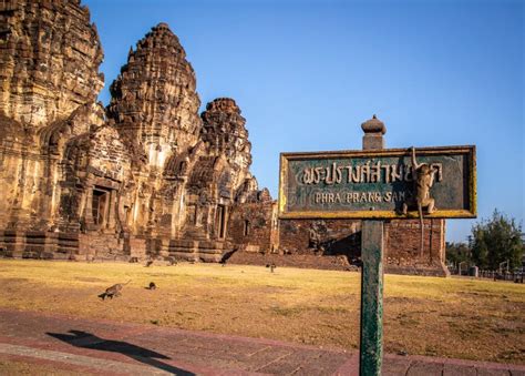 Pra Prang Sam Yod or Phra Prang Sam Yot Ruin Temple with Monkeys, in ...