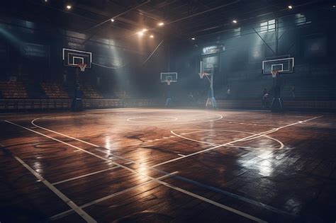 Premium AI Image | Basketball court in a dark arena with a basketball ...