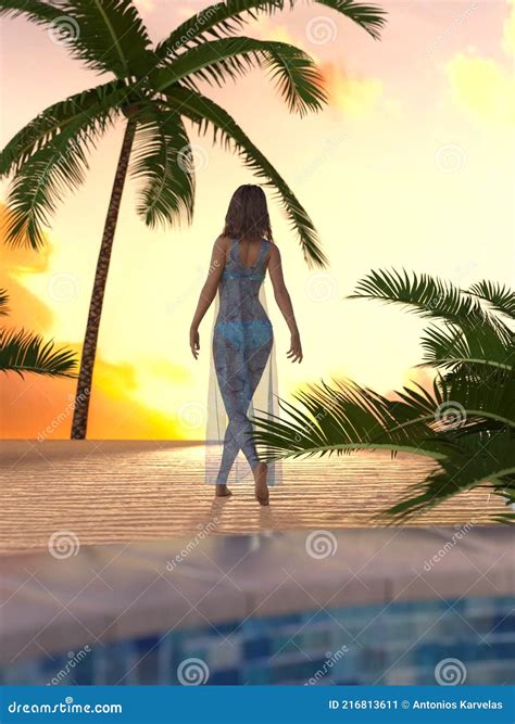 Young Girl Admiring the Sunset Near the Hotel Swimming Pool at the