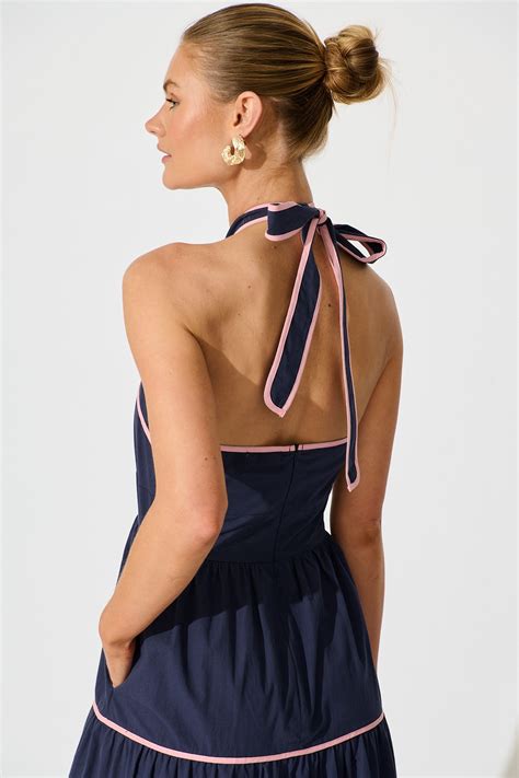 celandine halter neck maxi dress  navy cotton st frock