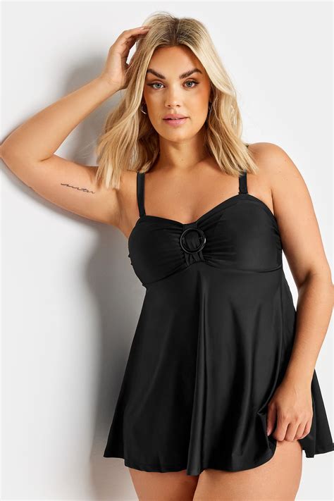 YOURS Plus Size Black Buckle Front Tummy Control Swim Dress | Yours