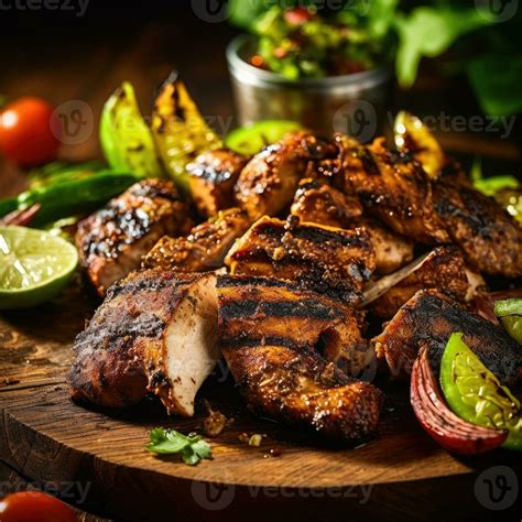 Slices of home-made jerk chicken fillets marinated in jerk seasoning