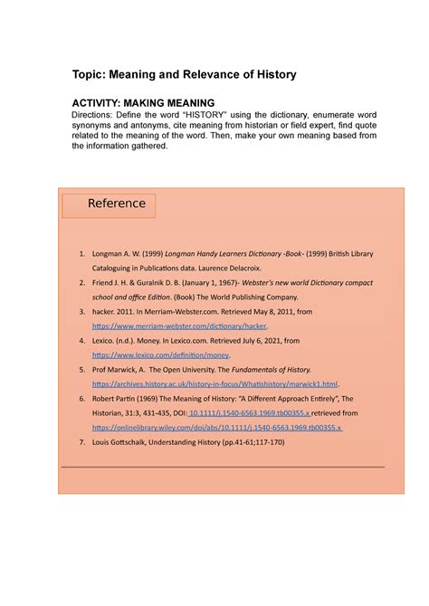 RPH Definition of History ( Dictionary/Historians/ self) - Topic