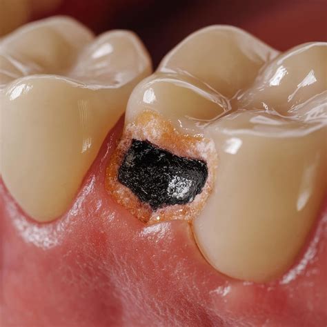 Detailed view of tooth decay cavity caused by caries for educational