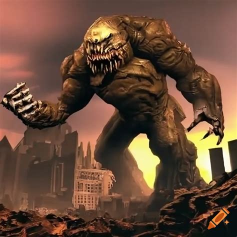 Doom 64 monster in destroyed city with quake elements on Craiyon