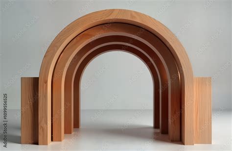 elegant wooden arch structure stands  light gray background