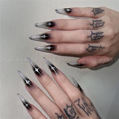 Black Nails,luxury Sparkling Crystal Long Stiletto Press on Nails, Long