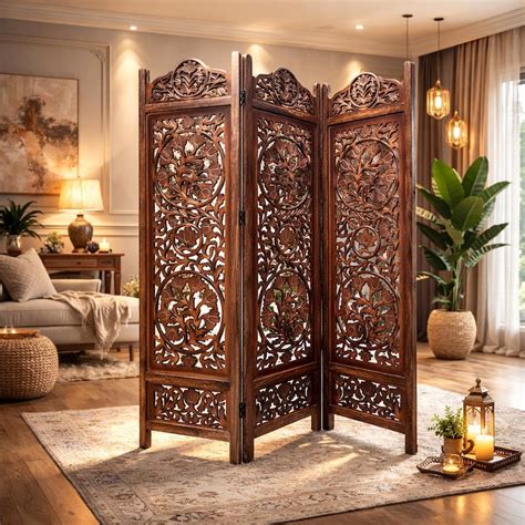 handmade lotus wood folding room divider brown partition screen etsy