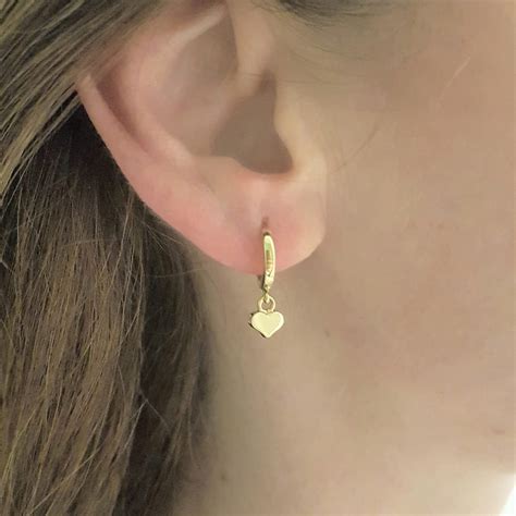 14K Real Solid Gold Dangle Drop Hoop Heart Earrings for Women