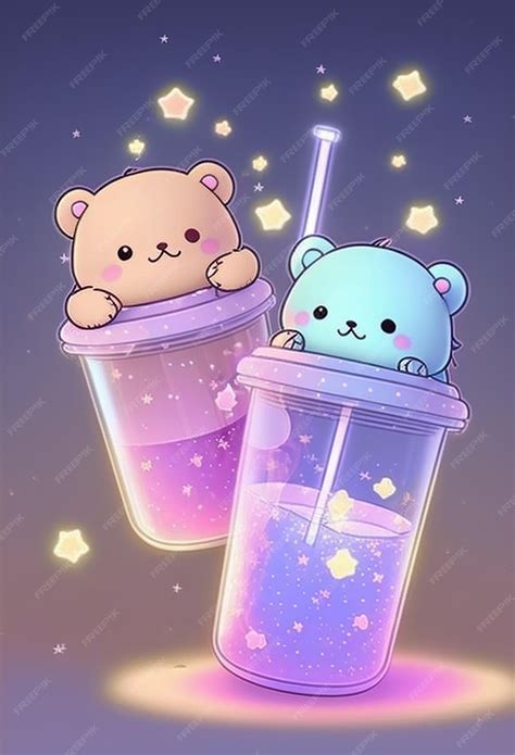 premium photo cute baby bears  colorful boba tea