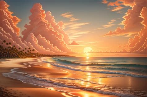 Premium AI Image | a painting of a beach with a sunset and palm trees