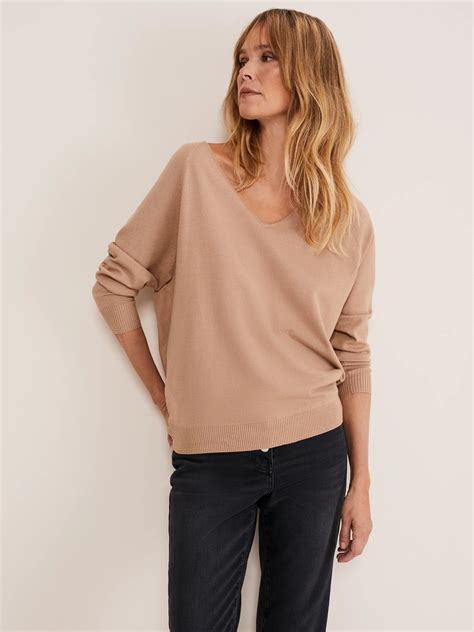 Phase Eight Senita Fine Knit V-Neck Jumper, Camel at John Lewis & Partners