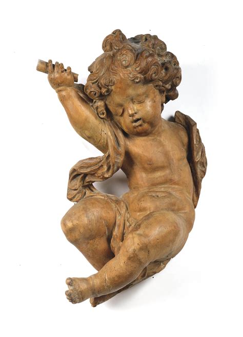 A CARVED LIMEWOOD FIGURE OF A PUTTO , FIRST HALF 18TH CENTURY, POSSIBLY ...