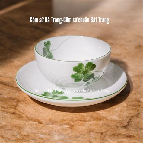 Set bát đĩa gốm sứ Bát Tràng cao cấp vẽ tay hoạ tiết cỏ 4 lá may mắn