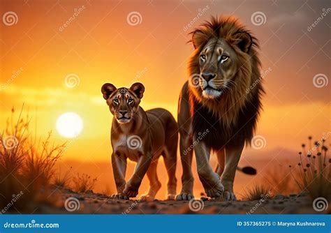 majestic lion lioness  sunrise  african savanna powerful predator