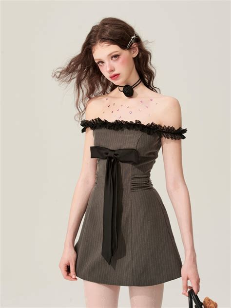 Dark Gray Off-the-shoulder Neckline Bowknot Detail Dress