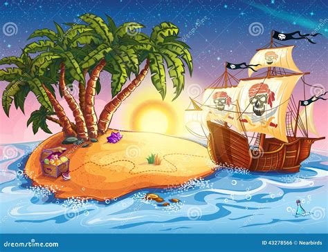 Illustration of Treasure Island and Pirate Ship Stock Vector ...