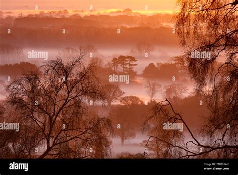 fog filled cheshire plain  sunrise  bickerton hill cheshire