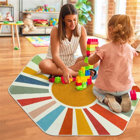 Carpetory 4'x4'7" Hexagonal Rainbow Sun Rug,Boho Machine Washable