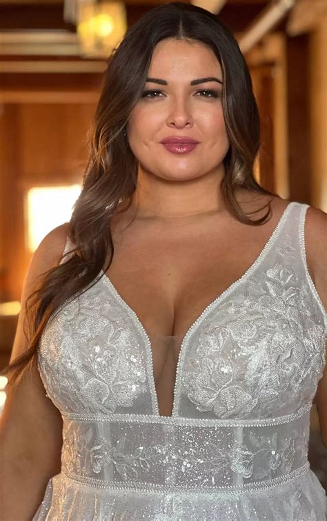 Sparkling Plus Size A-Line Wedding Dress with Plunging Neckline - D3445