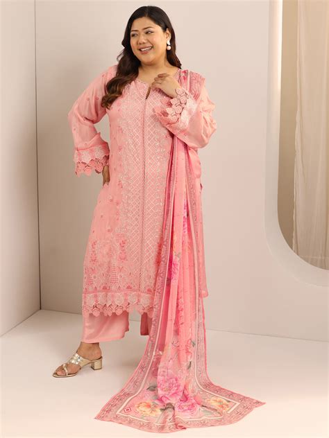 Buy Plus Size Peach Embroidered Organza Straight Suit Set With Dupatta
