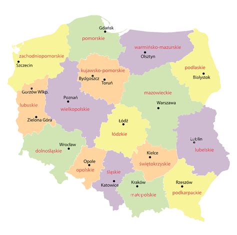 Воеводства Польши: карта, административные центры воеводств