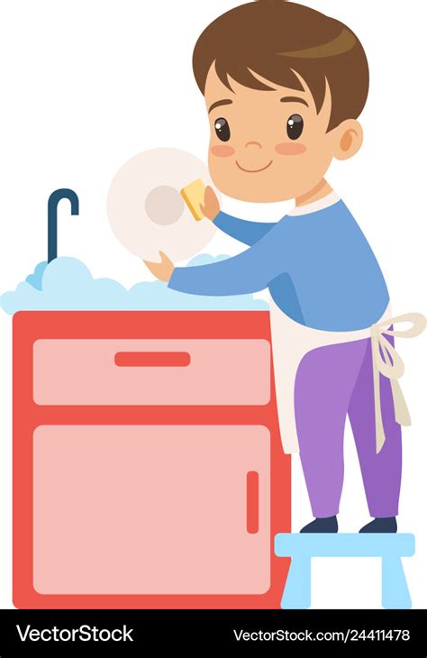 Cute boy washing dishes kid helping with home Vector Image