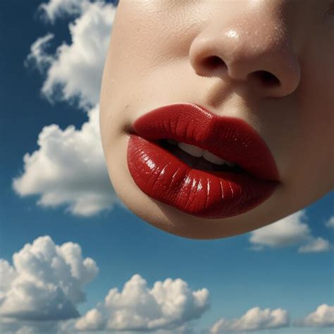 Pair of red puffy lips floating outdoors in bright sun against a soft