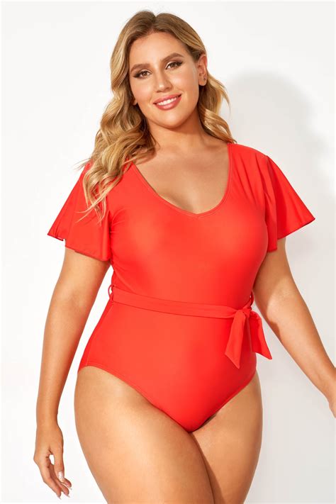 Red V-neck Flutter Sleeves One Piece Swimsuit - Meet.Curve - Meet.Curve
