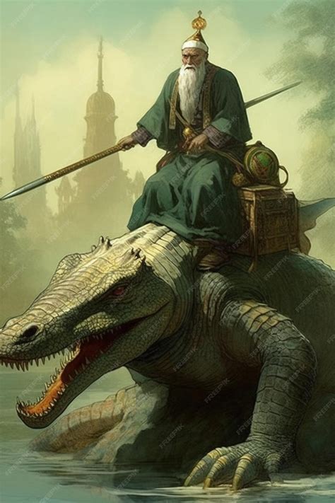 Premium AI Image | A man riding a dinosaur with a sword on his shoulder.