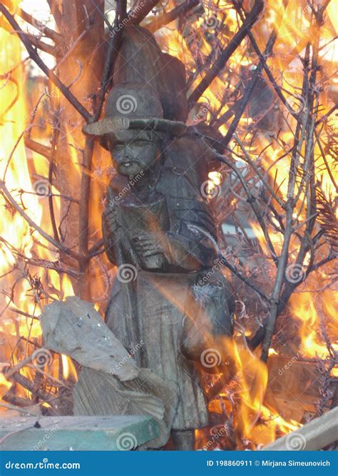 Wood Sculpture in fire stock image. Image of canada - 198860911