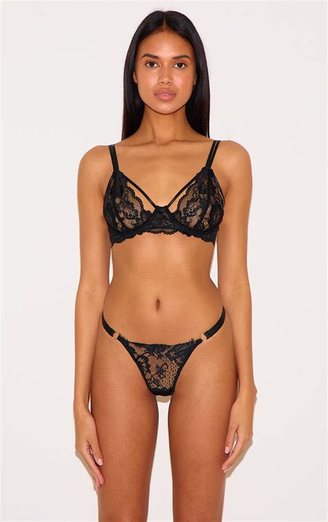 Black Eyelash Lace Thong | Lingerie & Nightwear | PrettyLittleThing
