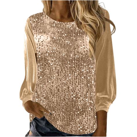 Rciityk Gold Womens Sequin Velvet Tops Glitter Sparkly Blouse Trendy V