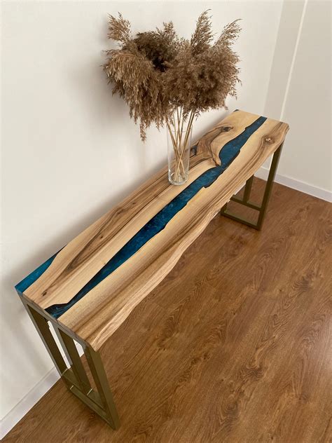 Live Edge Console Table, Waterfall Narrow Media Console, Wood Epoxy