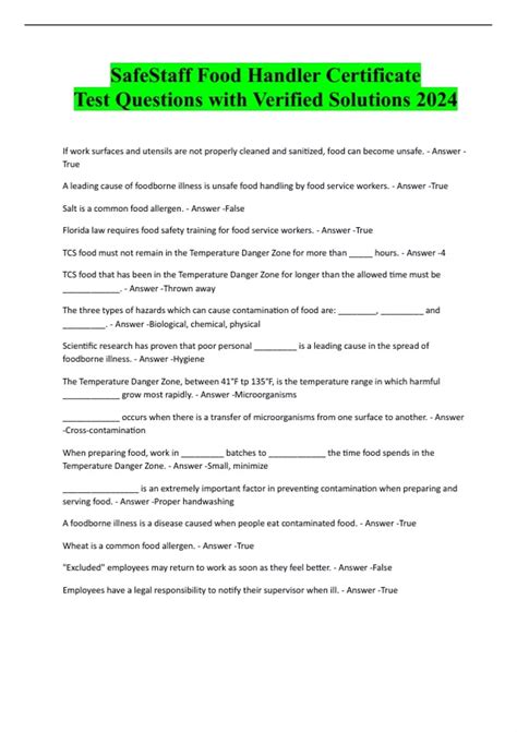 SafeStaff Food Handler Certificate Test Questions with Verified