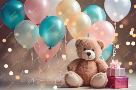 Premium Photo | Pink teddy bear sitting with balloons