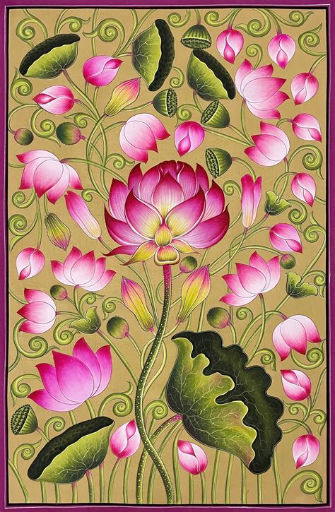 lotus pond set   pichwai painting wall decor handmade floral design