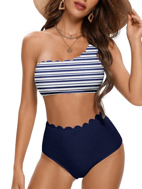 2 Piece One Shoulder Swimsuits for Women, High Waisted Bottom Scalloped