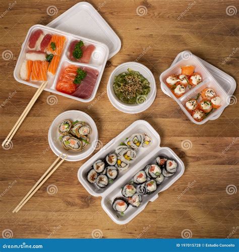 Japanese Food in Packaging for Delivery. Japanese Food Delivery Stock