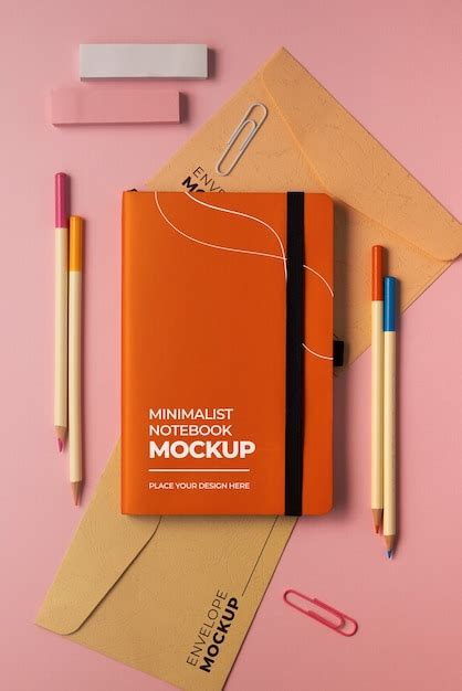 Premium PSD | Top view of journal mock-up with colorful stationery