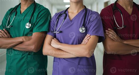 Three healthcare workers stand shoulder to shoulder with arms crossed