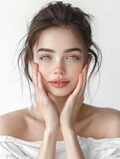 A young woman with natural makeup and a serene expression poses with