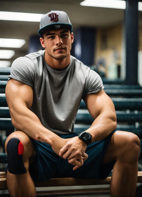 Lexica - College jock sitting on a bench, flexing in a gym, hands