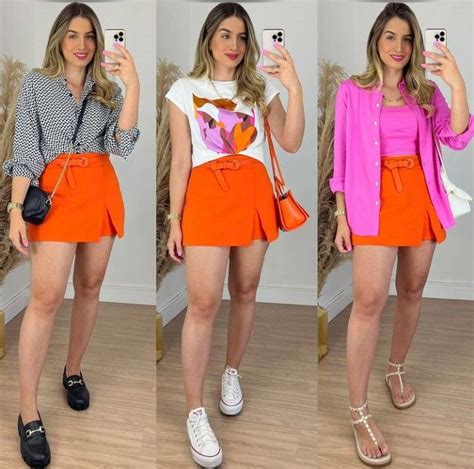 Look Com Saia Laranja - Short saia laranja | Look short laranja alfaiataria, Looks com short ...