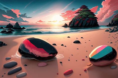 Premium AI Image | A painting of a beach with a colorful sunset and a ...