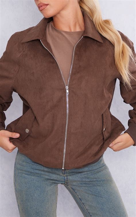 brown faux suede casual jacket outerwear prettylittlething usa