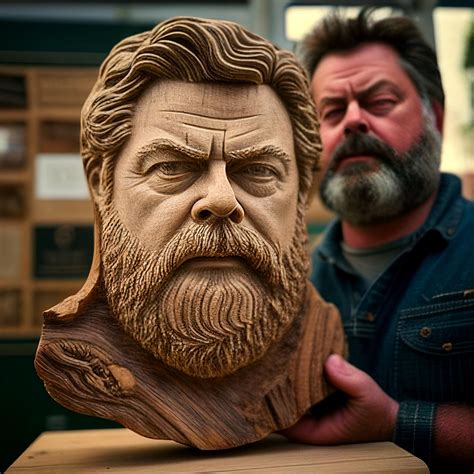 Nick Offerman showing off his wood carving of Nick Offerman : r