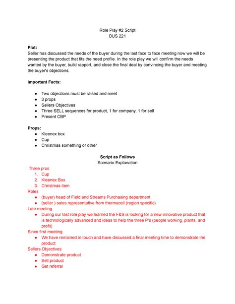 Role Play #2 Script - Role Play #2 Script BUS 221 Plot: Seller has